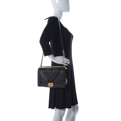Chanel Calfskin Caviar Suede Chevron New Medium Boy Flap Black 2 of 9