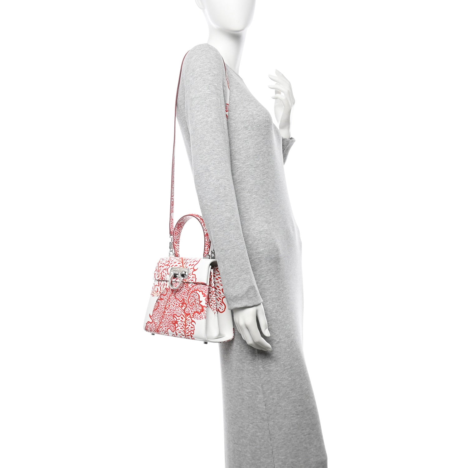 Salvatore Ferragamo Calfskin Printed Small Iconic Top Handle Bag White Red 2 of 10