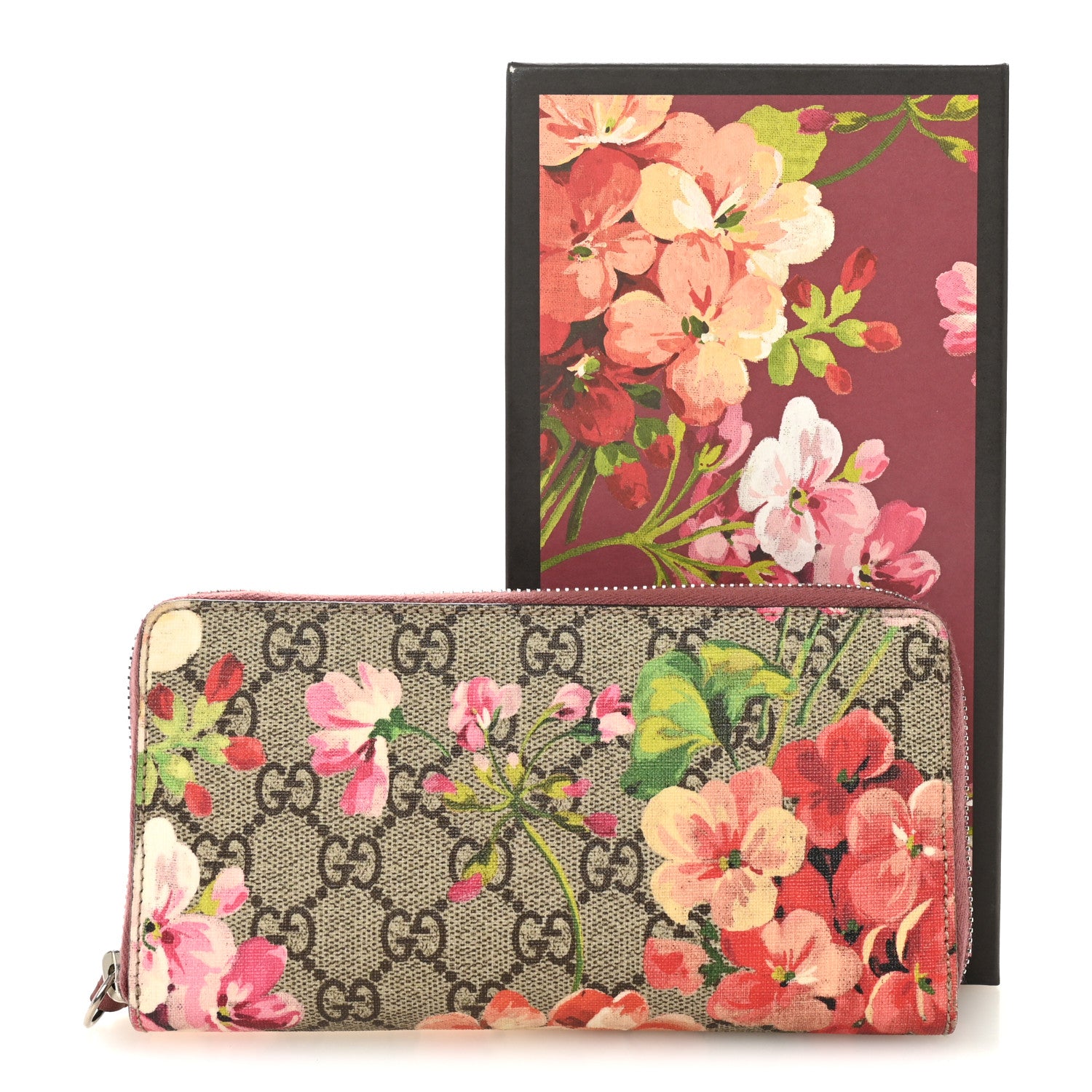 Gucci GG Supreme Monogram Blooms Zip Around Wallet Beige