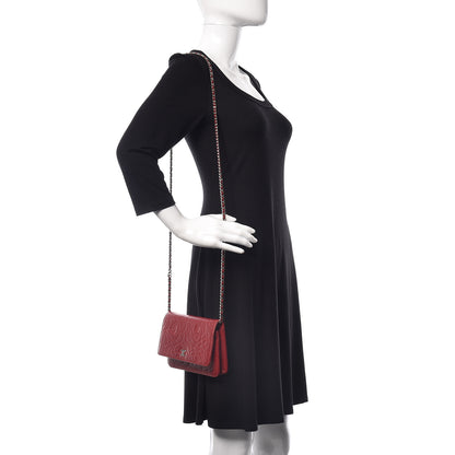 Chanel Lambskin Camellia Embossed Wallet On Chain WOC Red 2 of 19