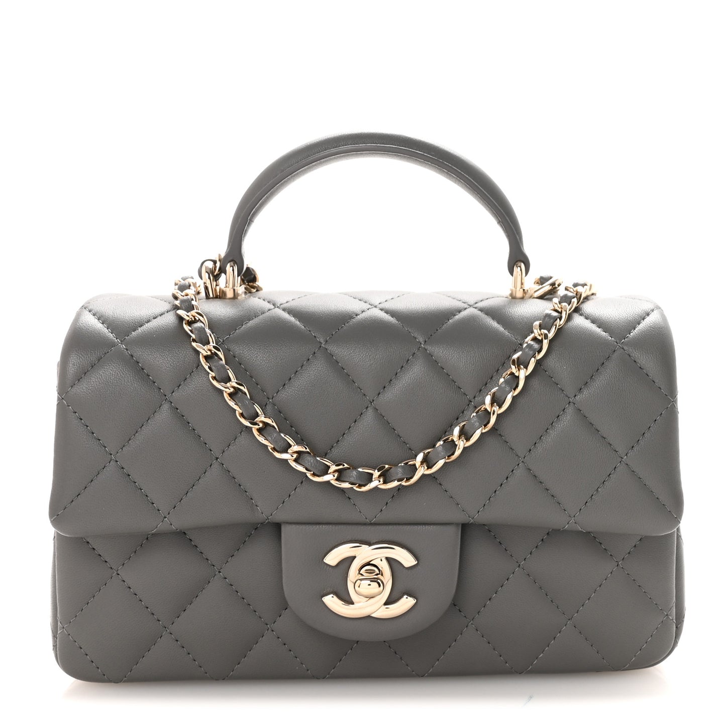 Lambskin Quilted Mini Top Handle Rectangular Flap Dark Grey