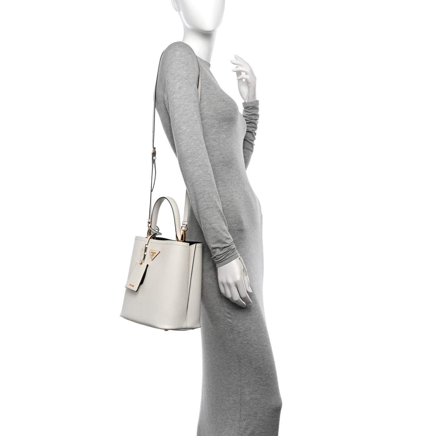 Prada Saffiano Cuir Medium Panier Bucket Bag Bianco Black 2 of 13