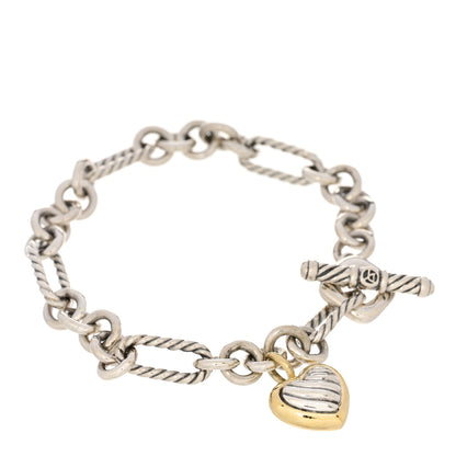 David Yurman Sterling Silver 18k Yellow Gold Cable Heart Charm Bracelet 1 of 3