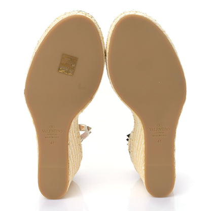 Valentino Garavani Raffia Rockstud Ankle Strap Espadrille 15/105mm Wedge Sandals 41 Naturale Silver 5 of 7