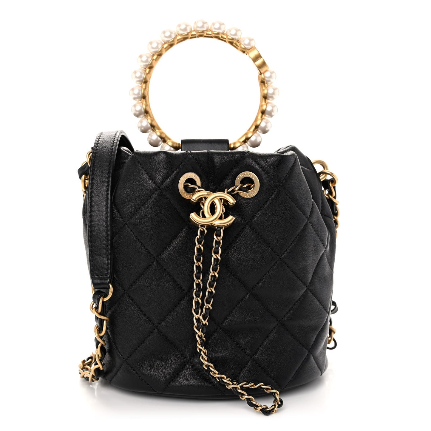 Lambskin Quilted Pearl Crown Drawstring Bag Black