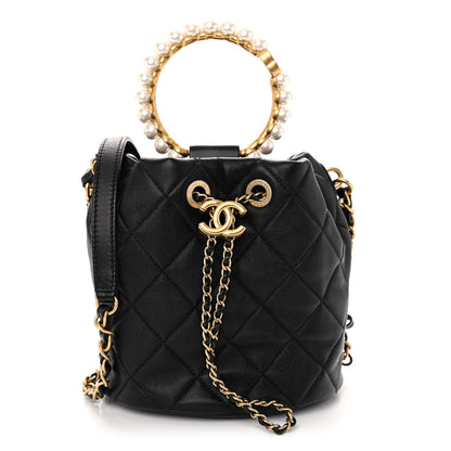 Chanel Lambskin Quilted Pearl Crown Drawstring Bag Black 1 of 10