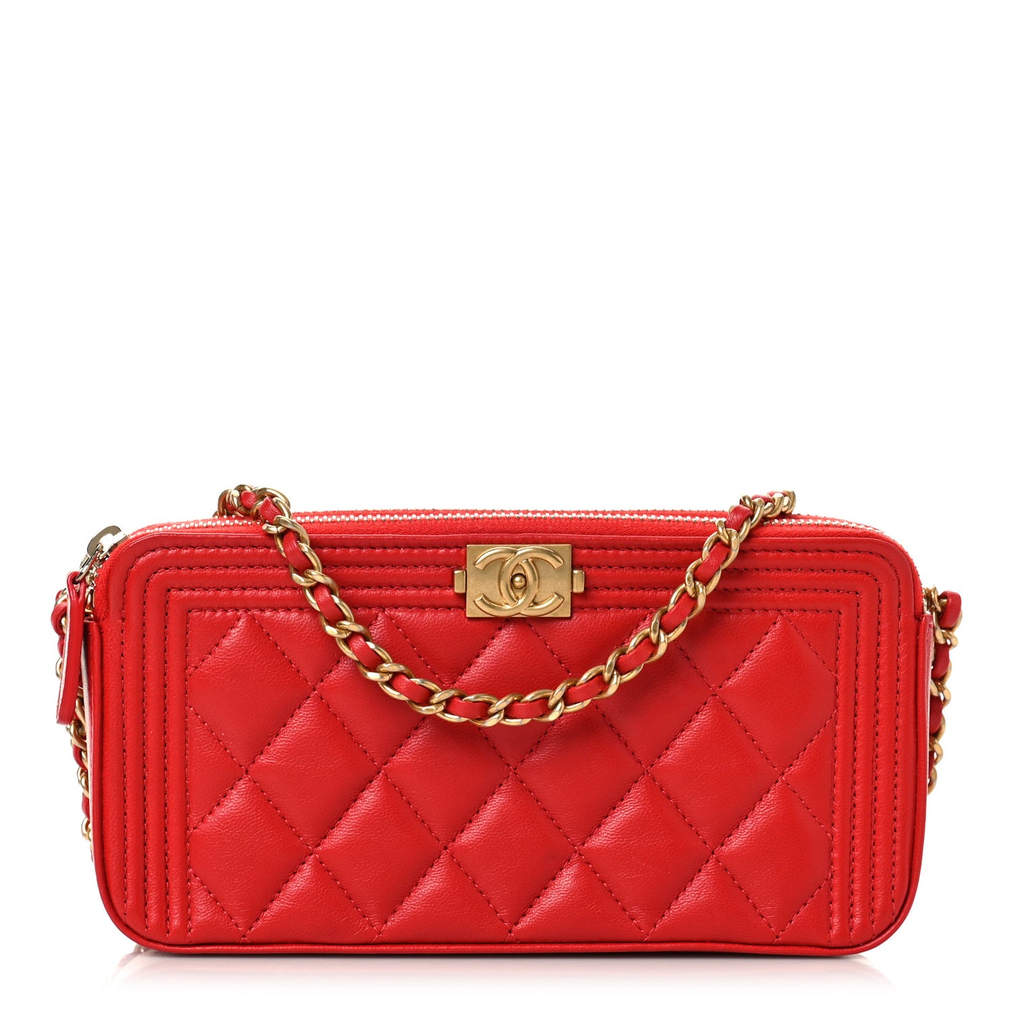 Lambskin Quilted Small Boy Clutch With Chain Red