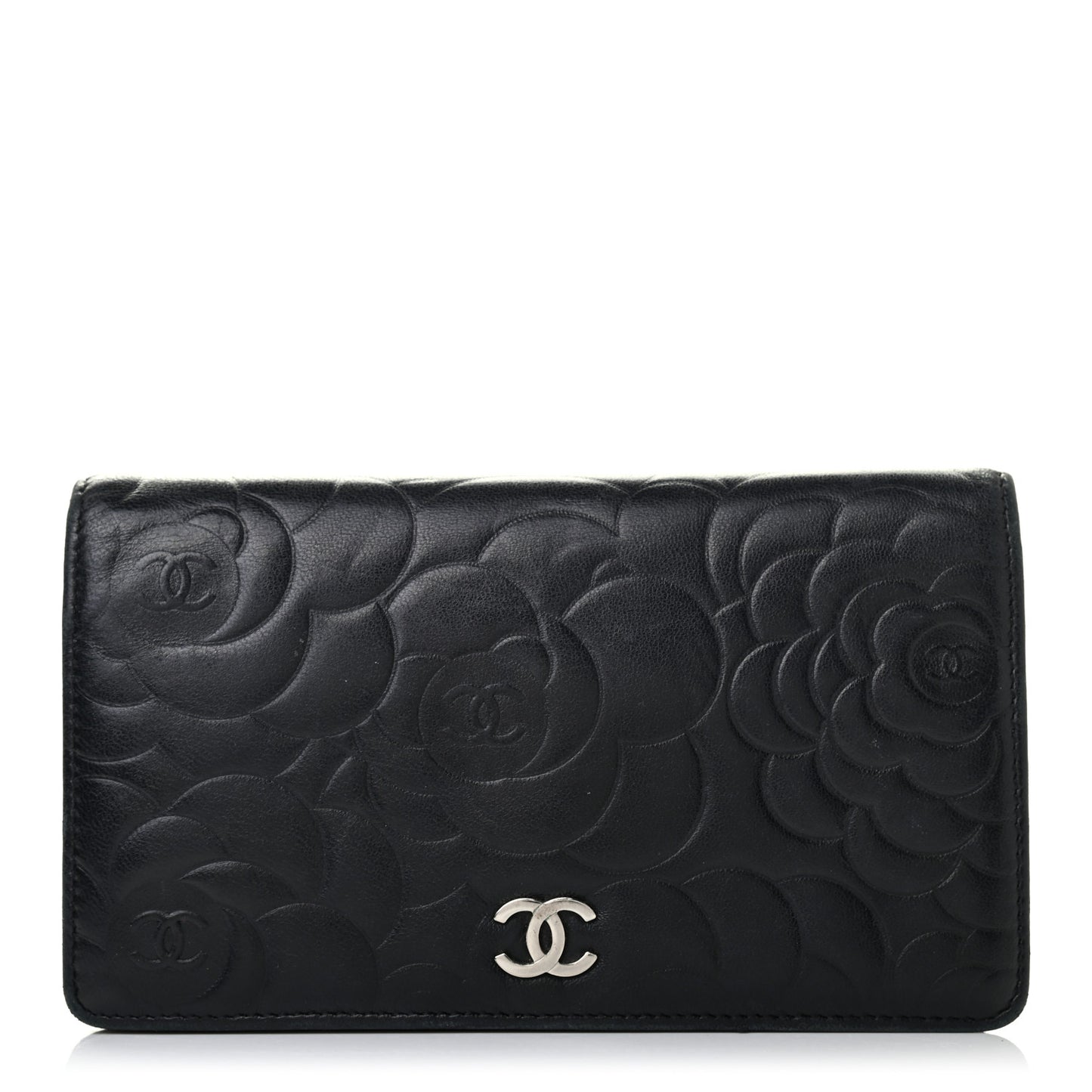 Lambskin Camellia Embossed Yen Wallet Black