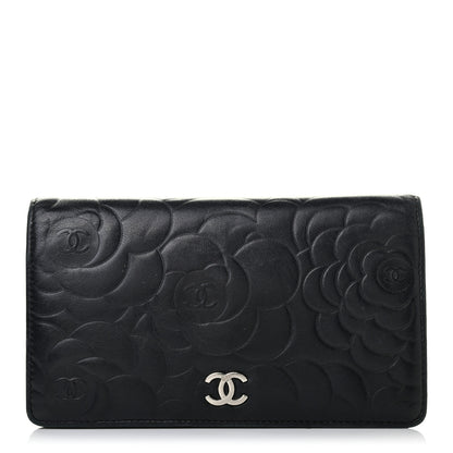 Chanel Lambskin Camellia Embossed Yen Wallet Black 2 of 16