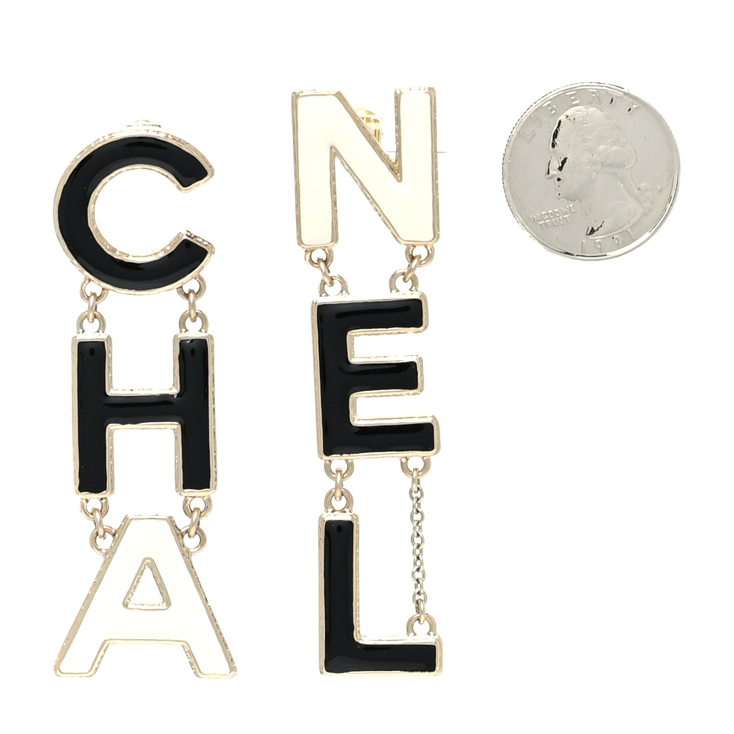 Chanel Metal Enamel Cha-Nel Logo Drop Earrings Black White 2 of 4