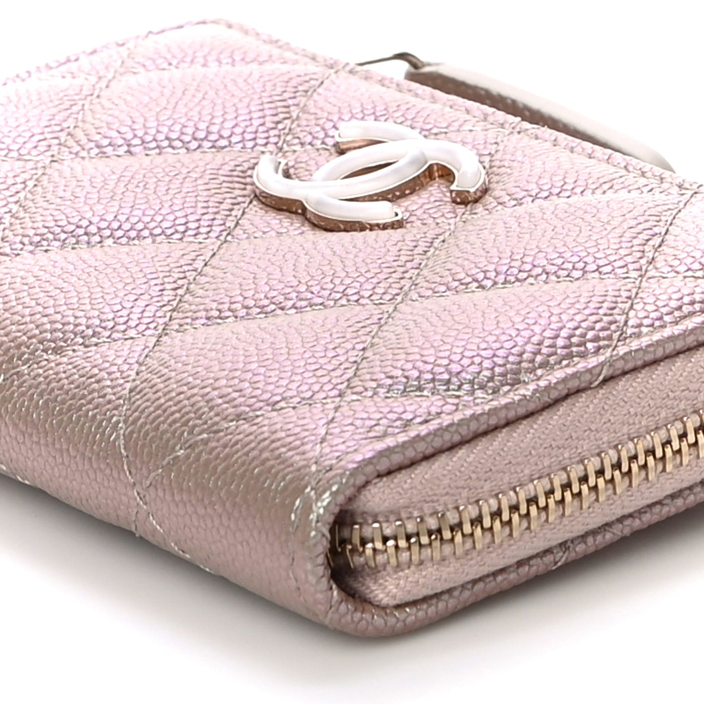 Iridescent Caviar Quilted Zipped Key Holder Case Beige