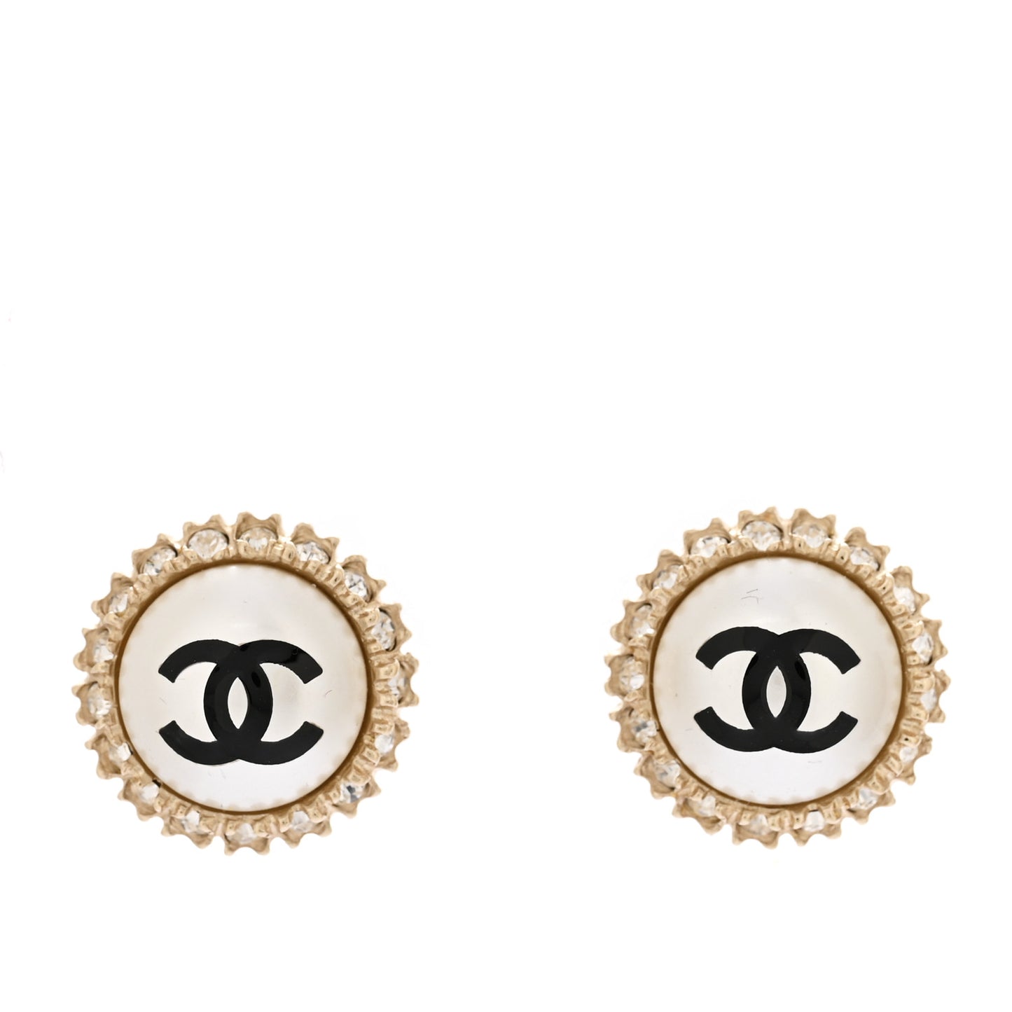Crystal Pearl CC Round Earrings Gold Pearly White Black