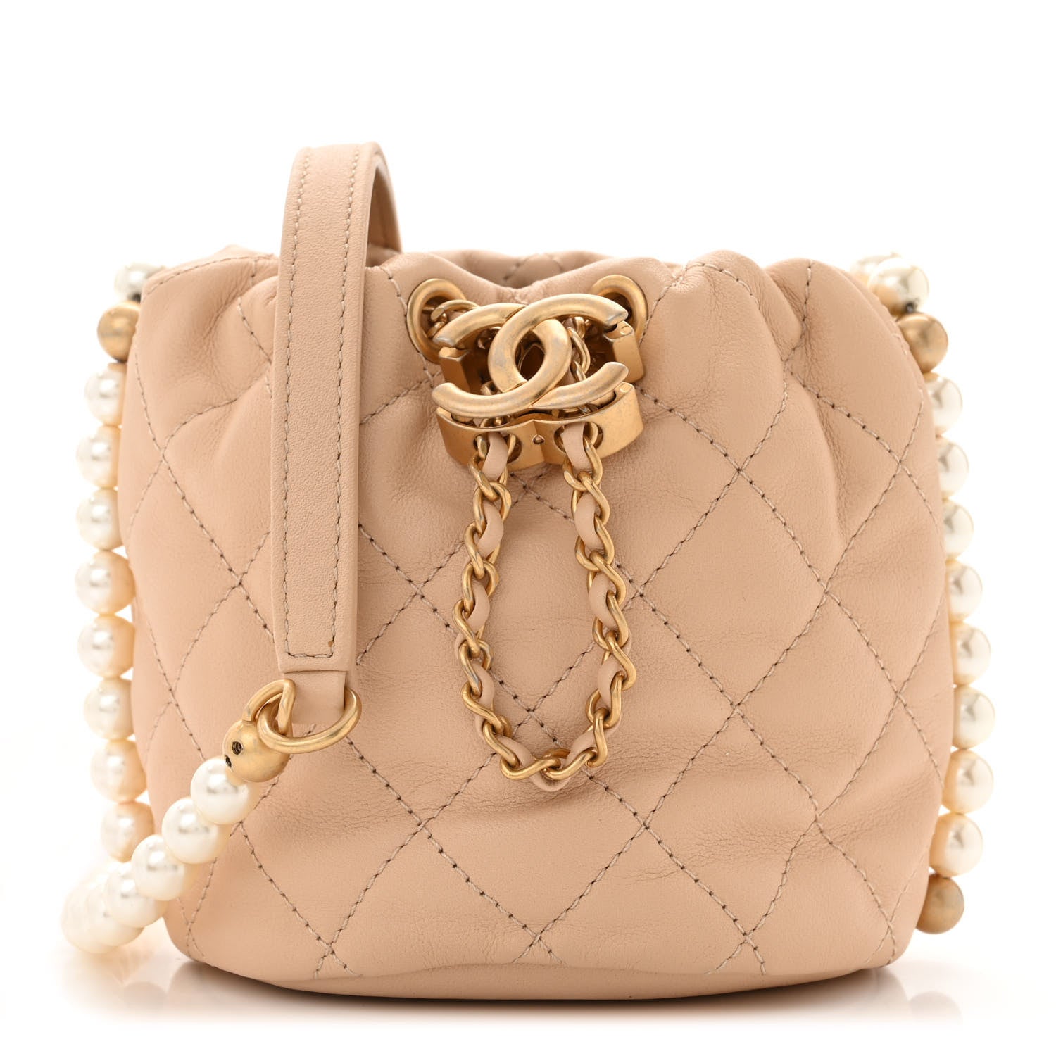 Chanel Calfskin Quilted Pearl Mini About Pearls Drawstring Bucket Bag Beige 1 of 11