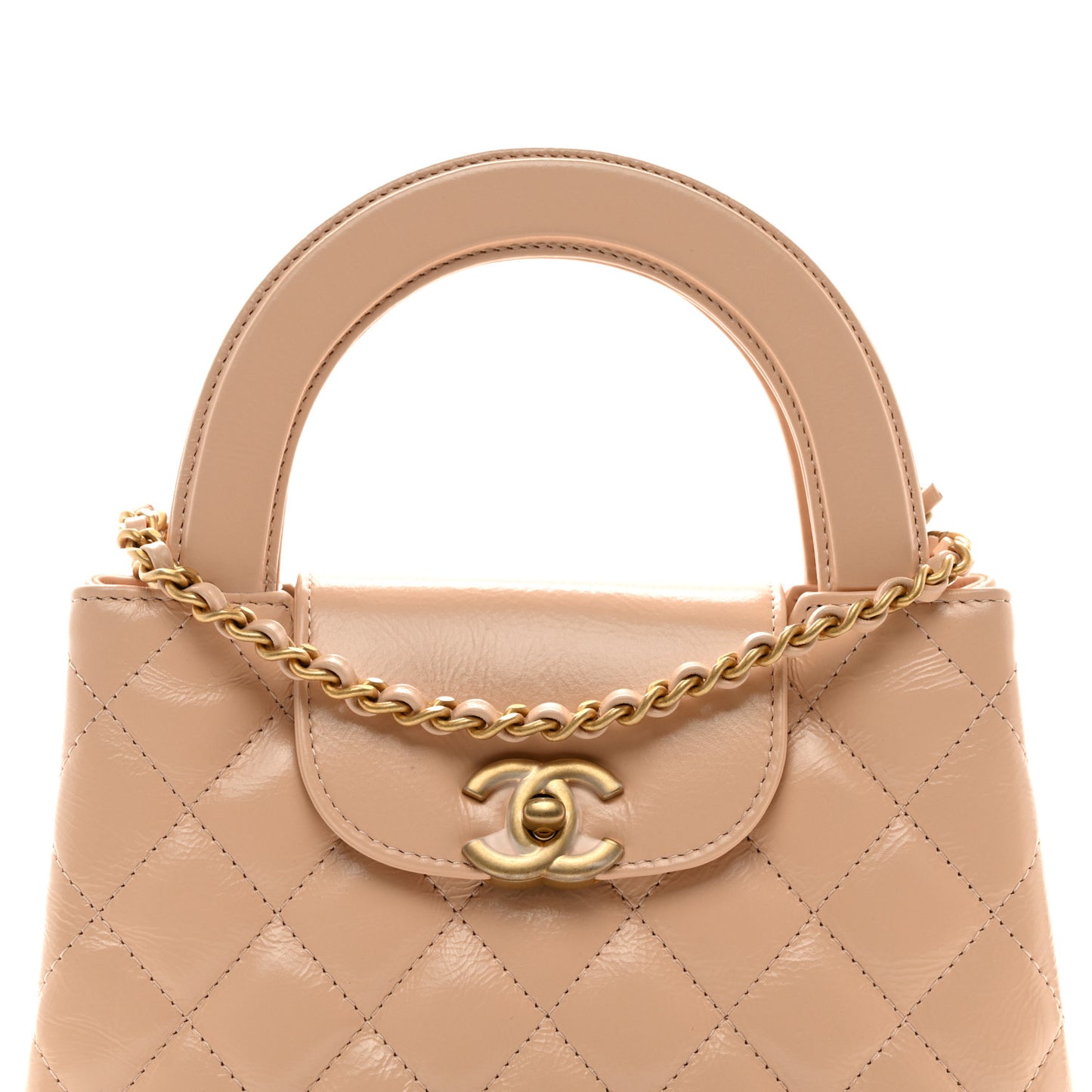 Shiny Aged Calfskin Quilted Nano Kelly Shopper Beige