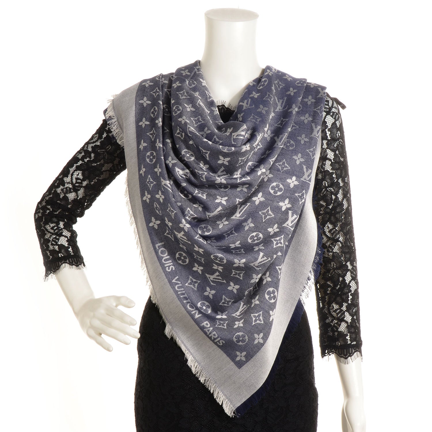 Louis Vuitton Silk Wool Monogram Denim Shawl Blue 2 of 5