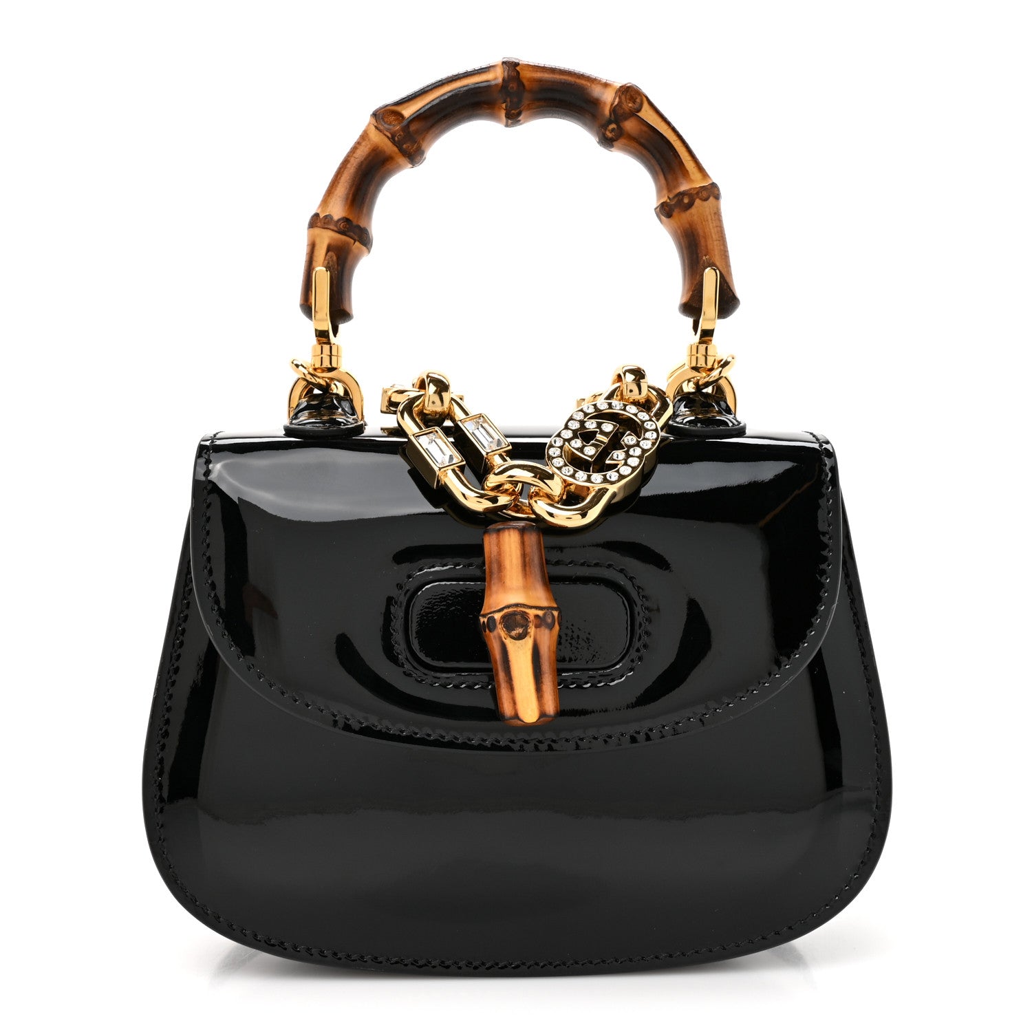 Gucci Patent Crystal Mini Bamboo 1947 Top Handle Chain Bag Black 1 of 10