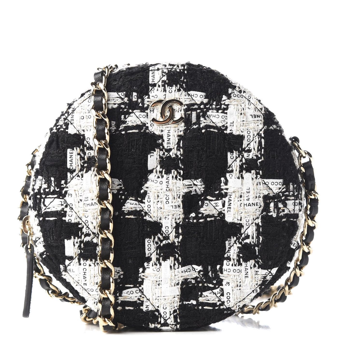 Tweed Quilted Round Clutch With Chain Black Ecru White