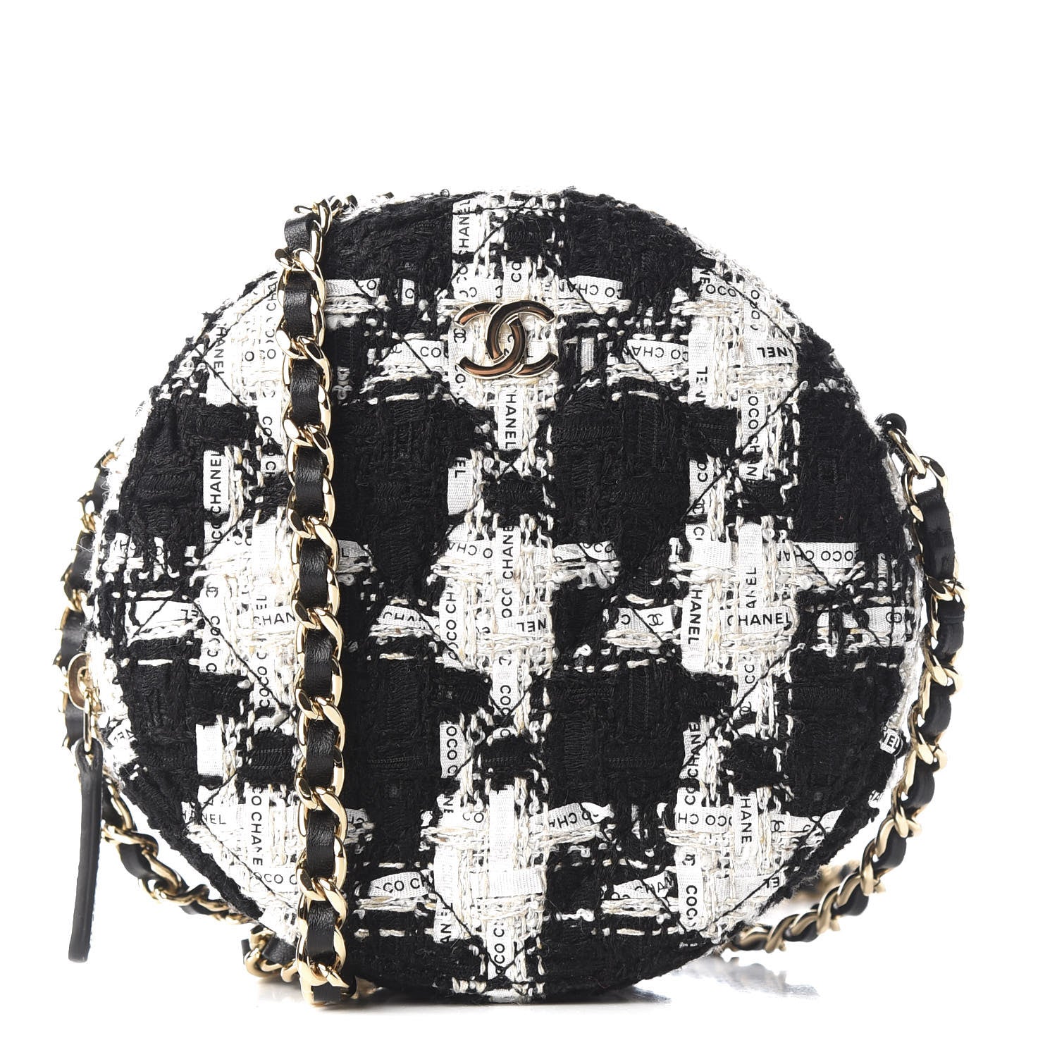 Chanel Tweed Quilted Round Clutch With Chain Black Ecru White 1 of 9