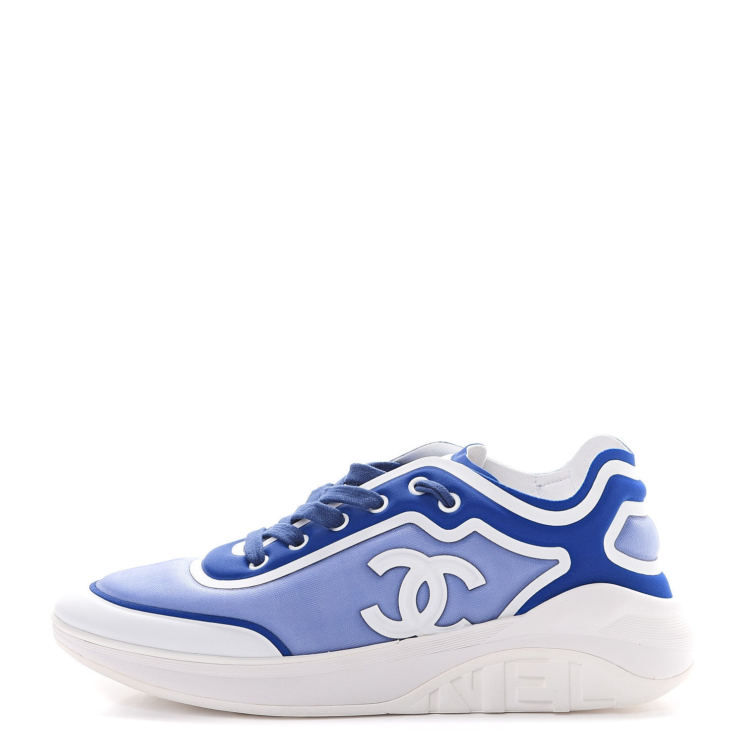 Chanel Calfskin Mesh Lycra Womens Logo Sneakers 39 White Blue 1 of 7