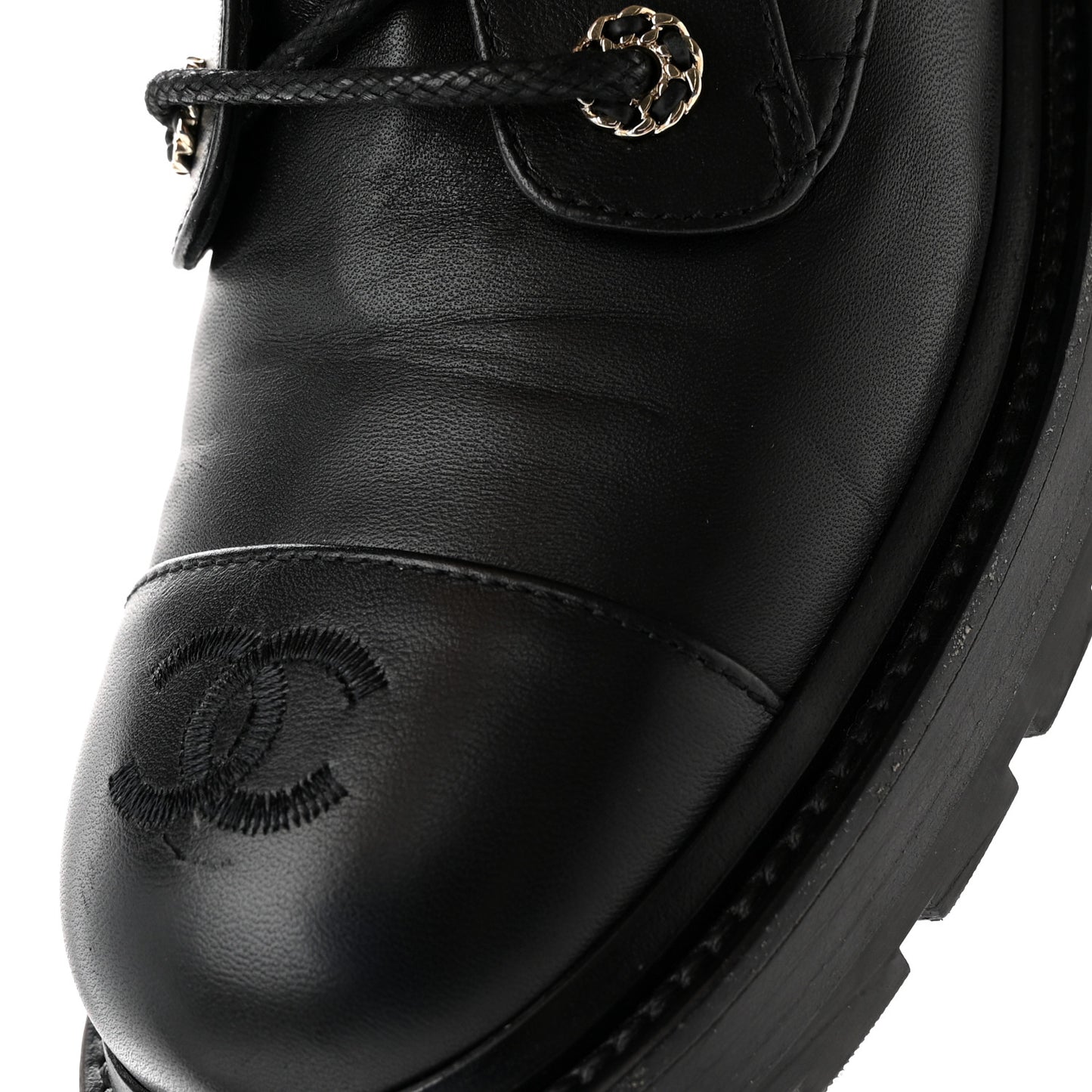 Shiny Lambskin Quilted Lace Up Combat Boots 40.5 Black