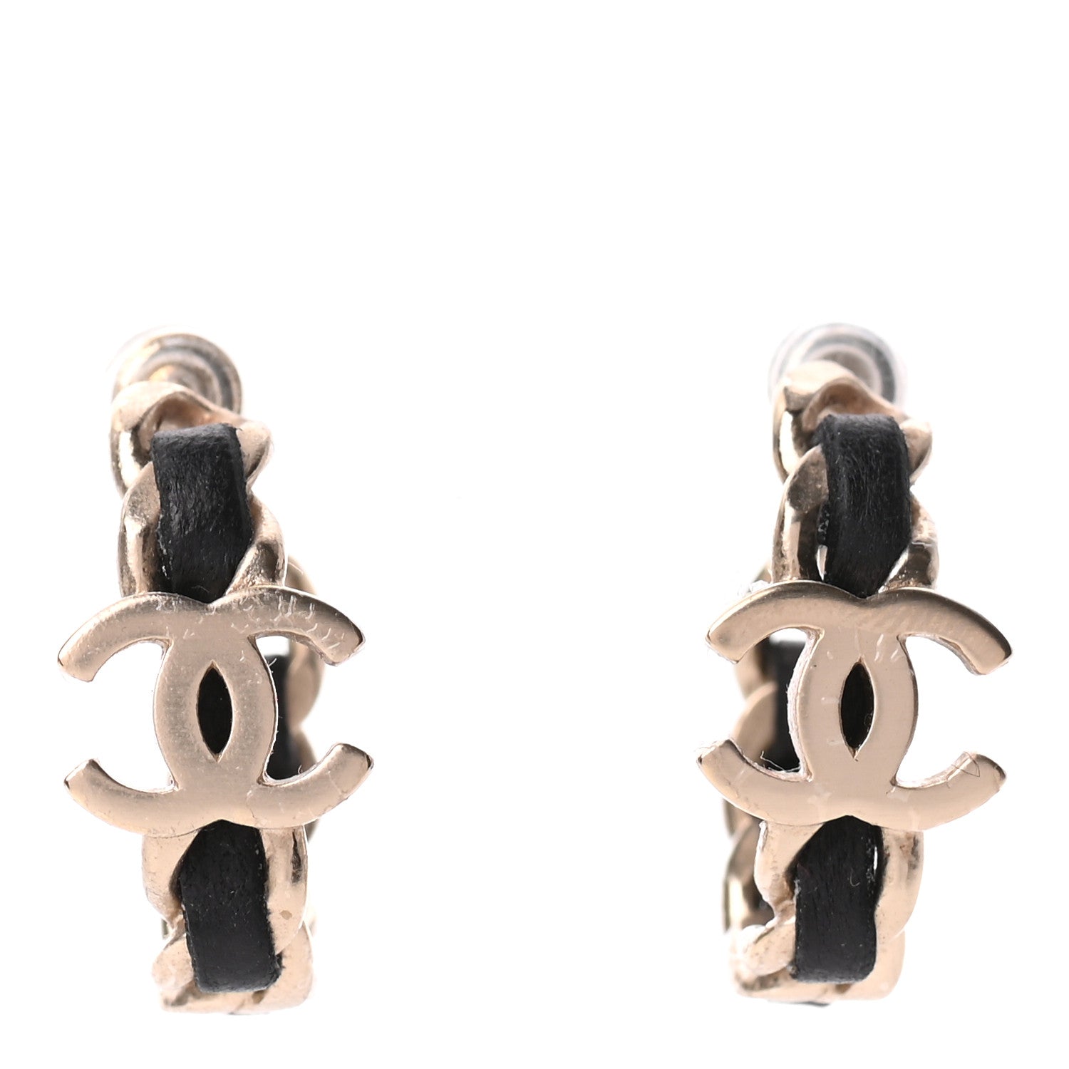 Chanel Lambskin CC Chain Hoop Earrings Matte Gold Black 1 of 5