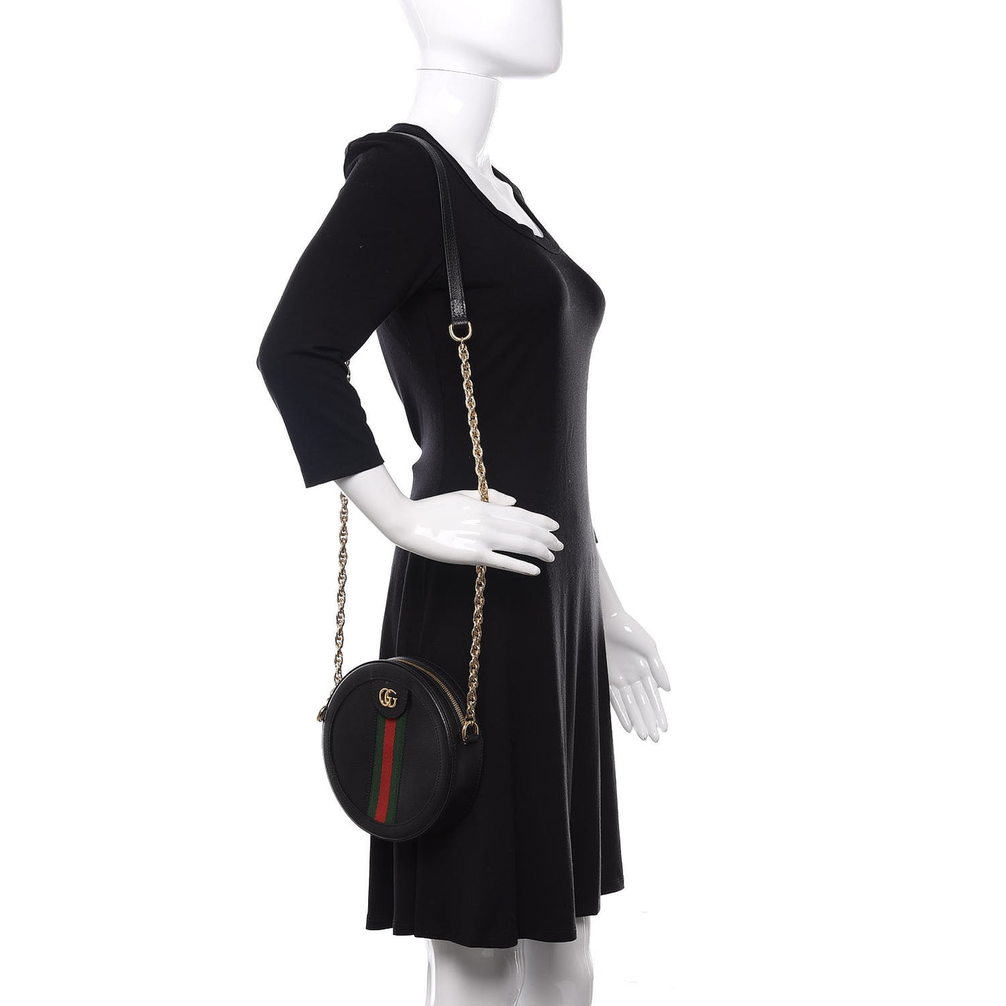 Grained Calfskin Web Mini Ophidia Round Shoulder Bag Black