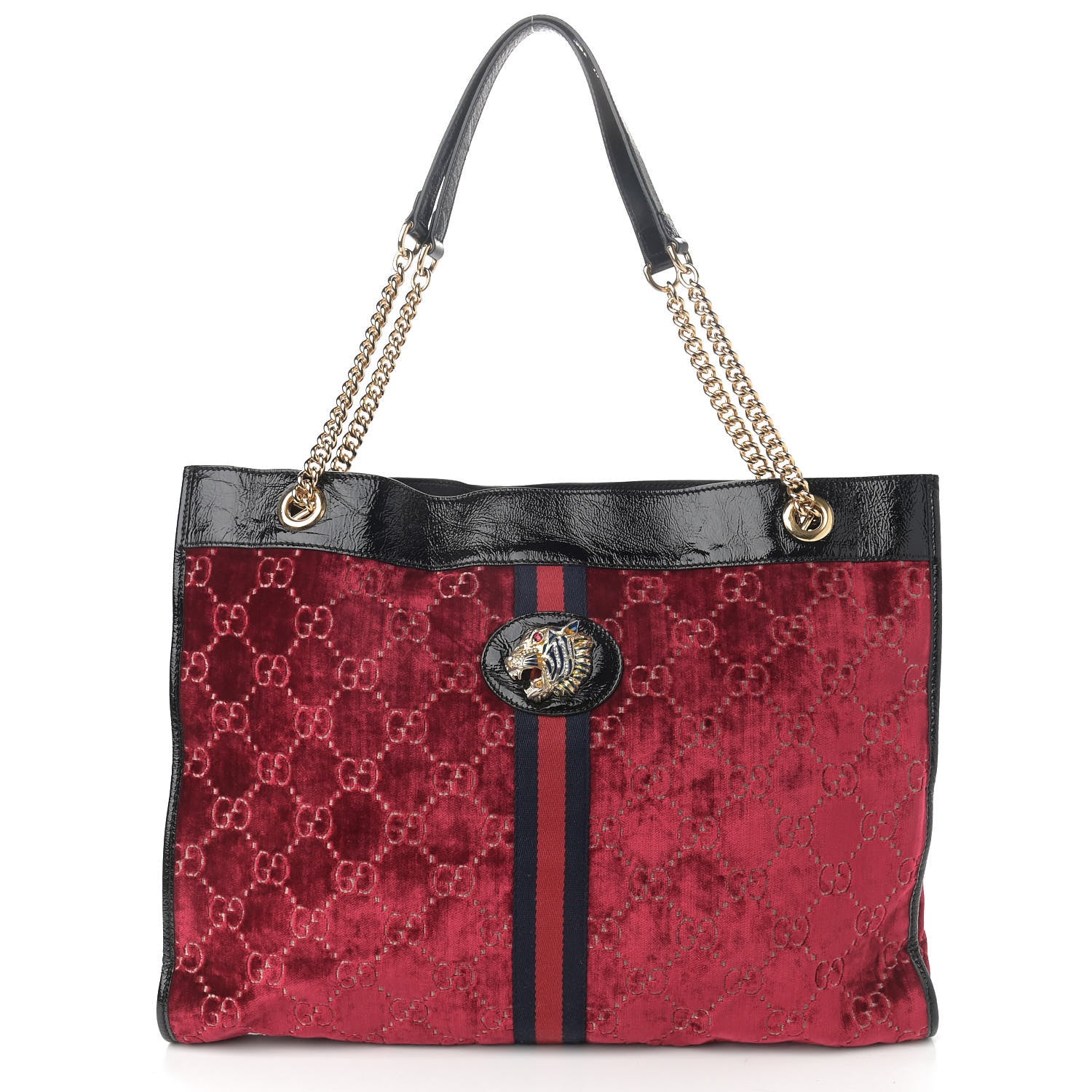 Gucci Velvet GG Monogram Large Rajah Chain Tote Red Cipria Black 3 of 16