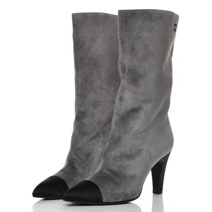 Chanel Suede Calfskin Satin Cap Toe Short Boots 39 Grey Black 2 of 12