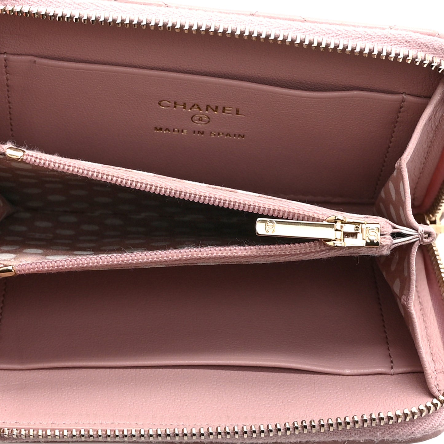 Lambskin Quilted Pearl CC Zip Around Coin Purse Wallet Pink