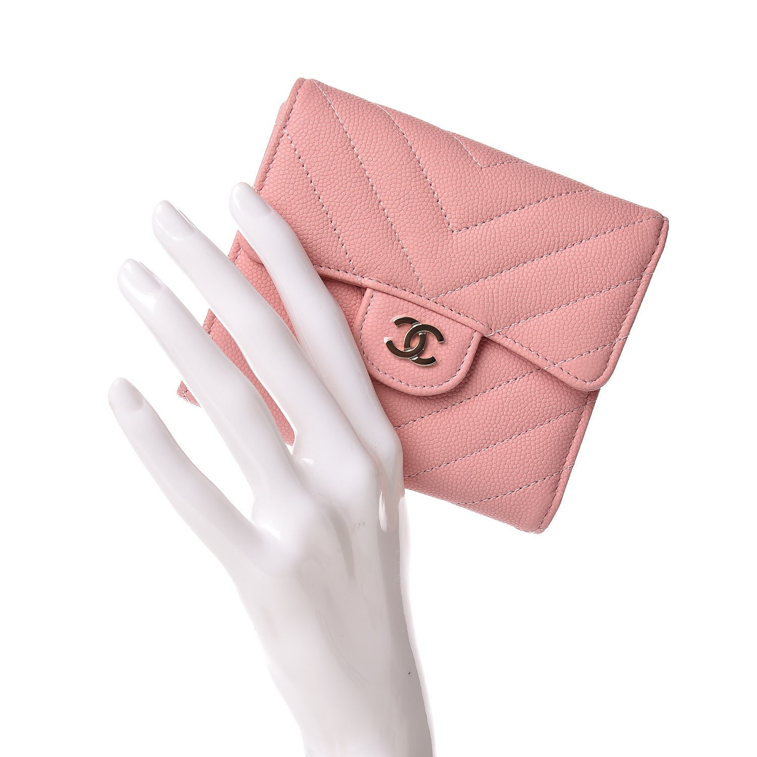 Chanel Caviar Chevron Quilted Compact Flap Wallet Pink 2 of 11