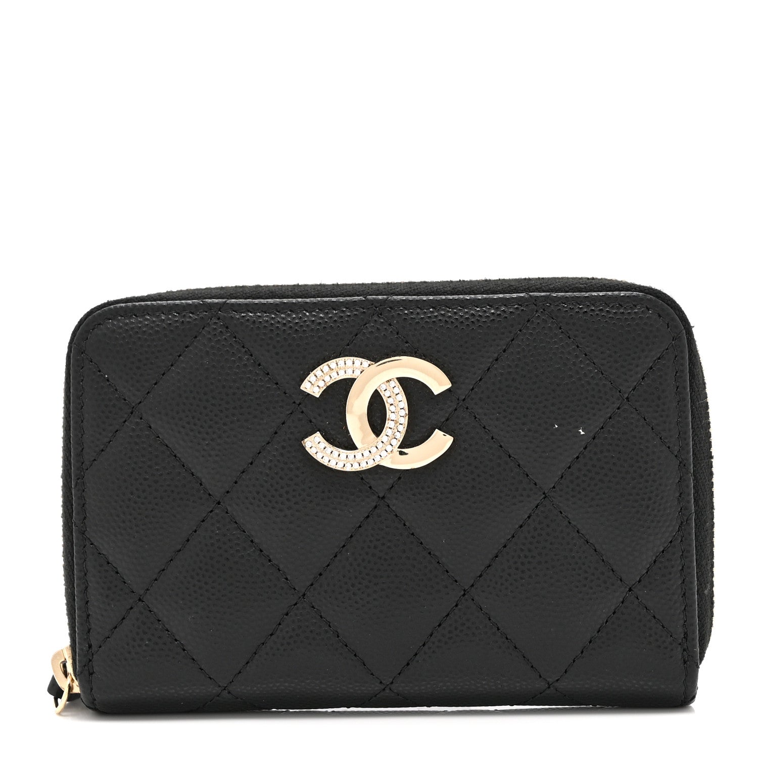 Chanel Caviar Quilted Crystal Zip Around Coin Purse Wallet Black 1 of 8