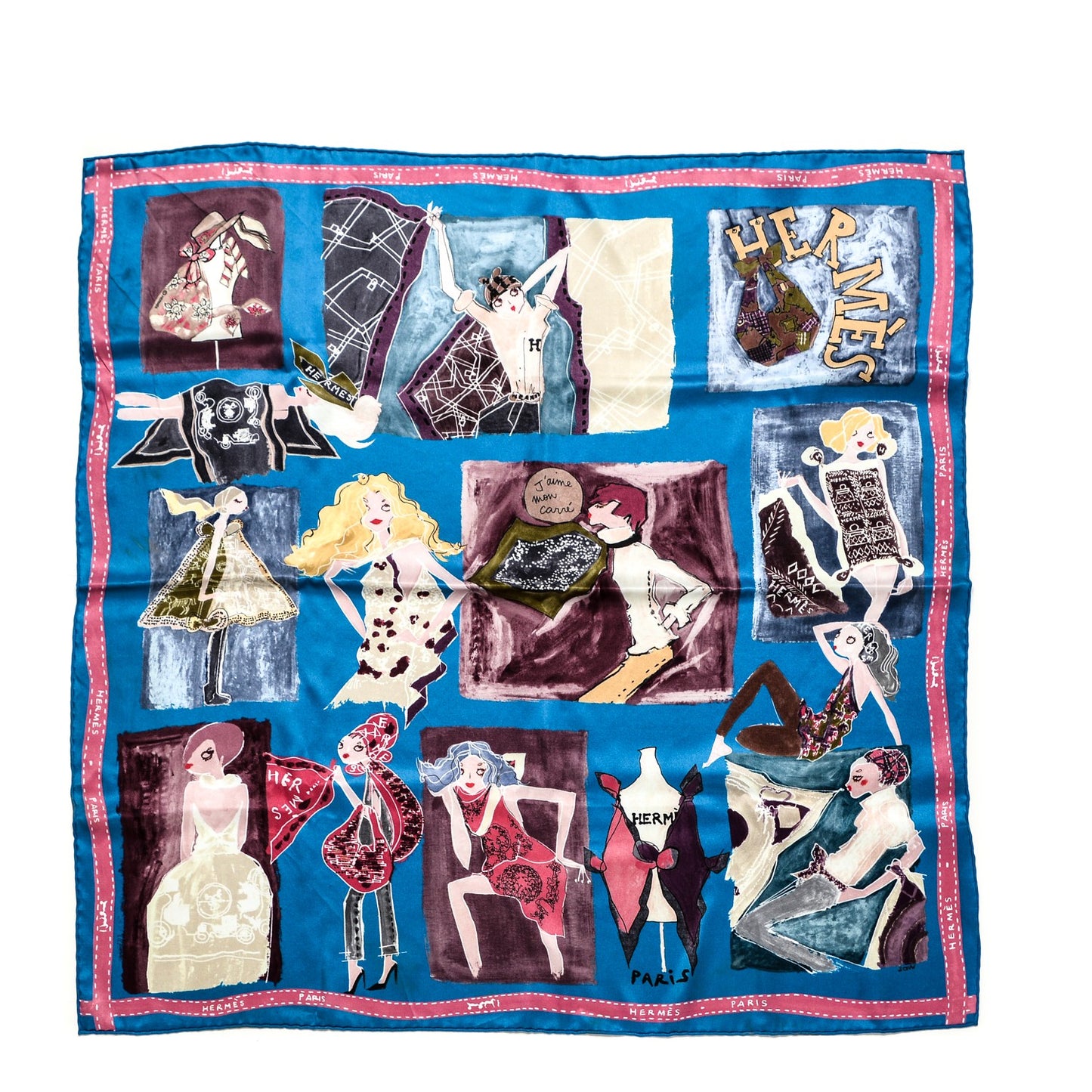 Silk J'Aime Mon Carre Scarf 70 Cobalt Rose Blue Jean