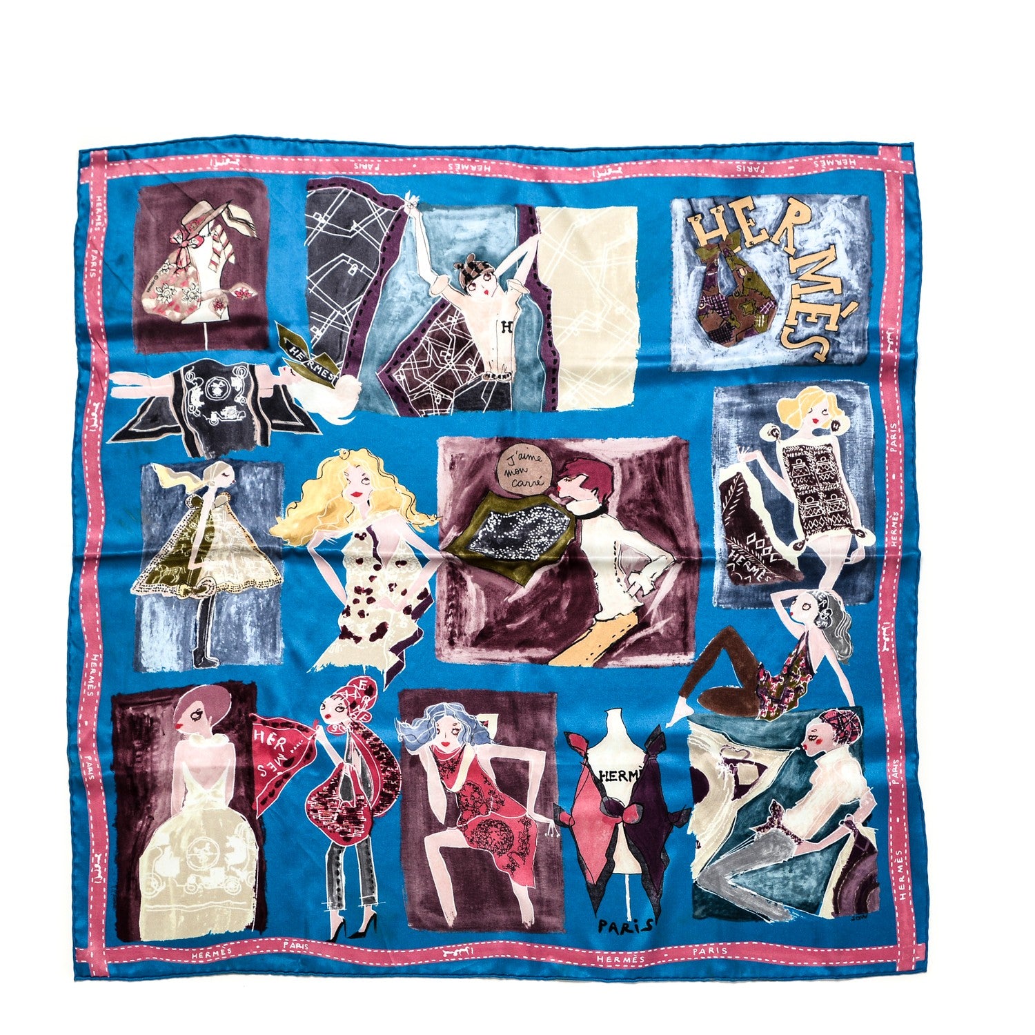 Hermes Silk J'Aime Mon Carre Scarf 70 Cobalt Rose Blue Jean 1 of 9