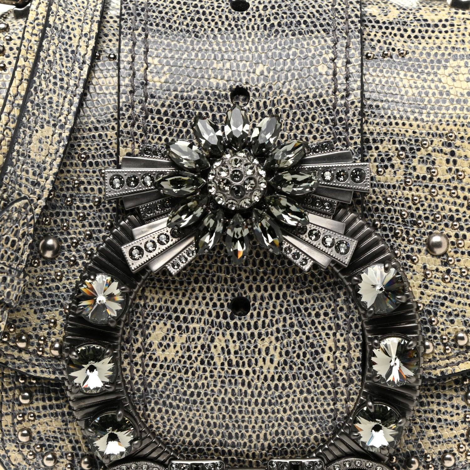Miu Miu Lizard Embossed Calfskin Studded Jewel Buckle Dahlia Shoulder Bag Roccia 8 of 17