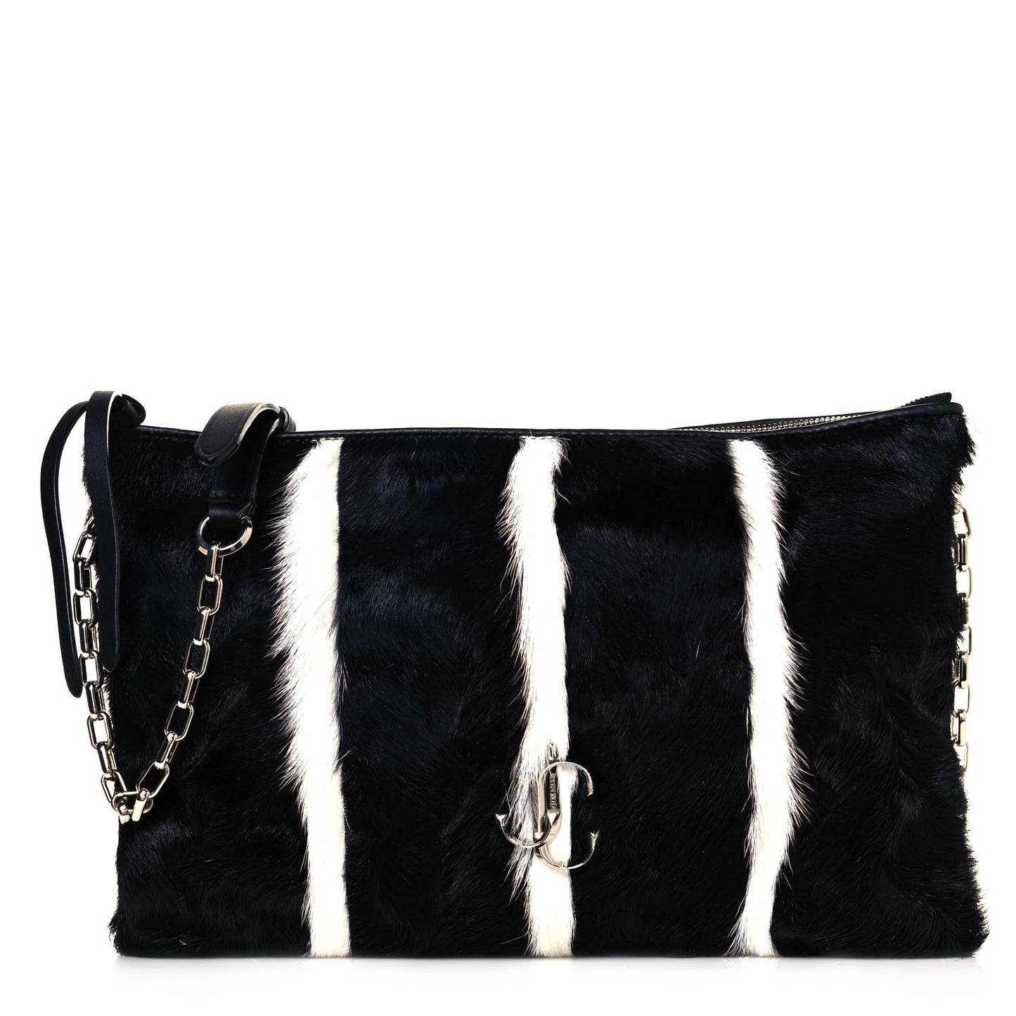 Pony Hair Striped Chain Clutch Black White