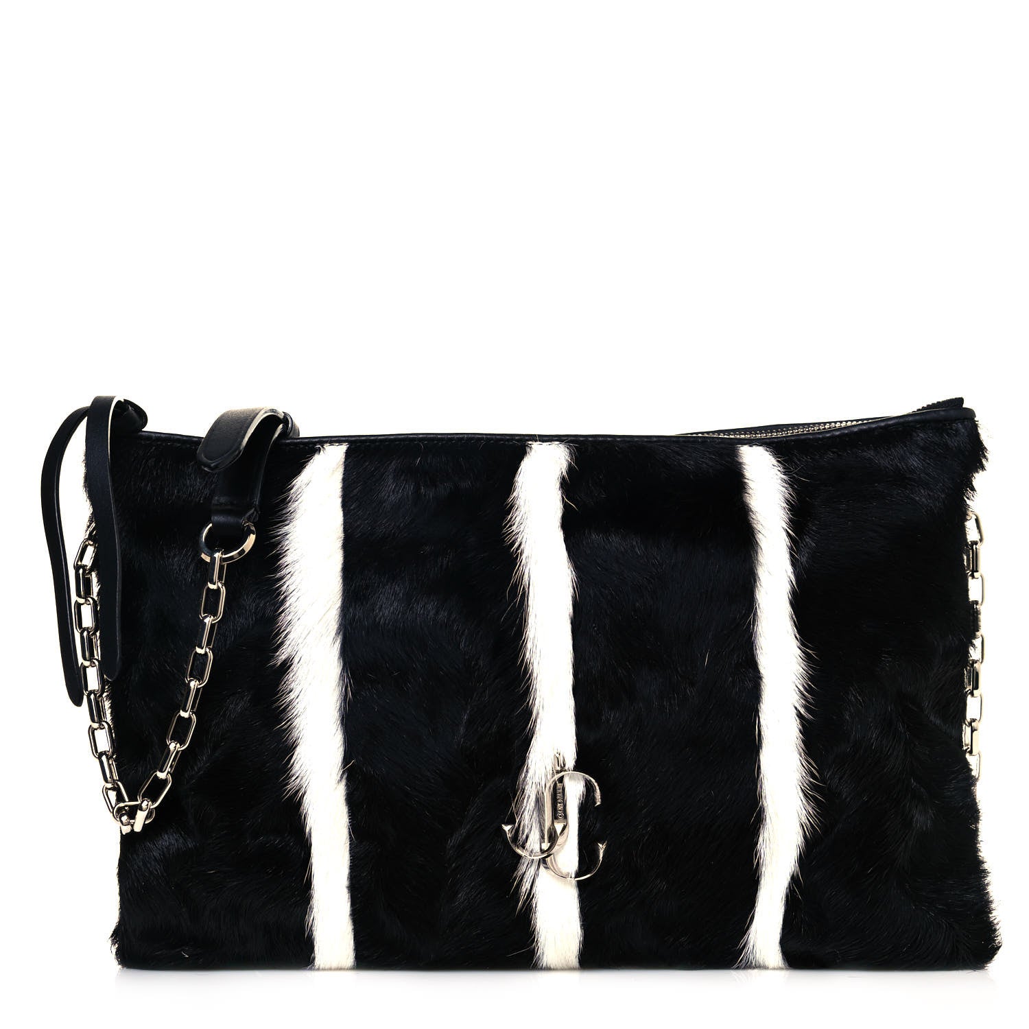 Jimmy Choo Pony Hair Striped Chain Clutch Black White 1 of 10