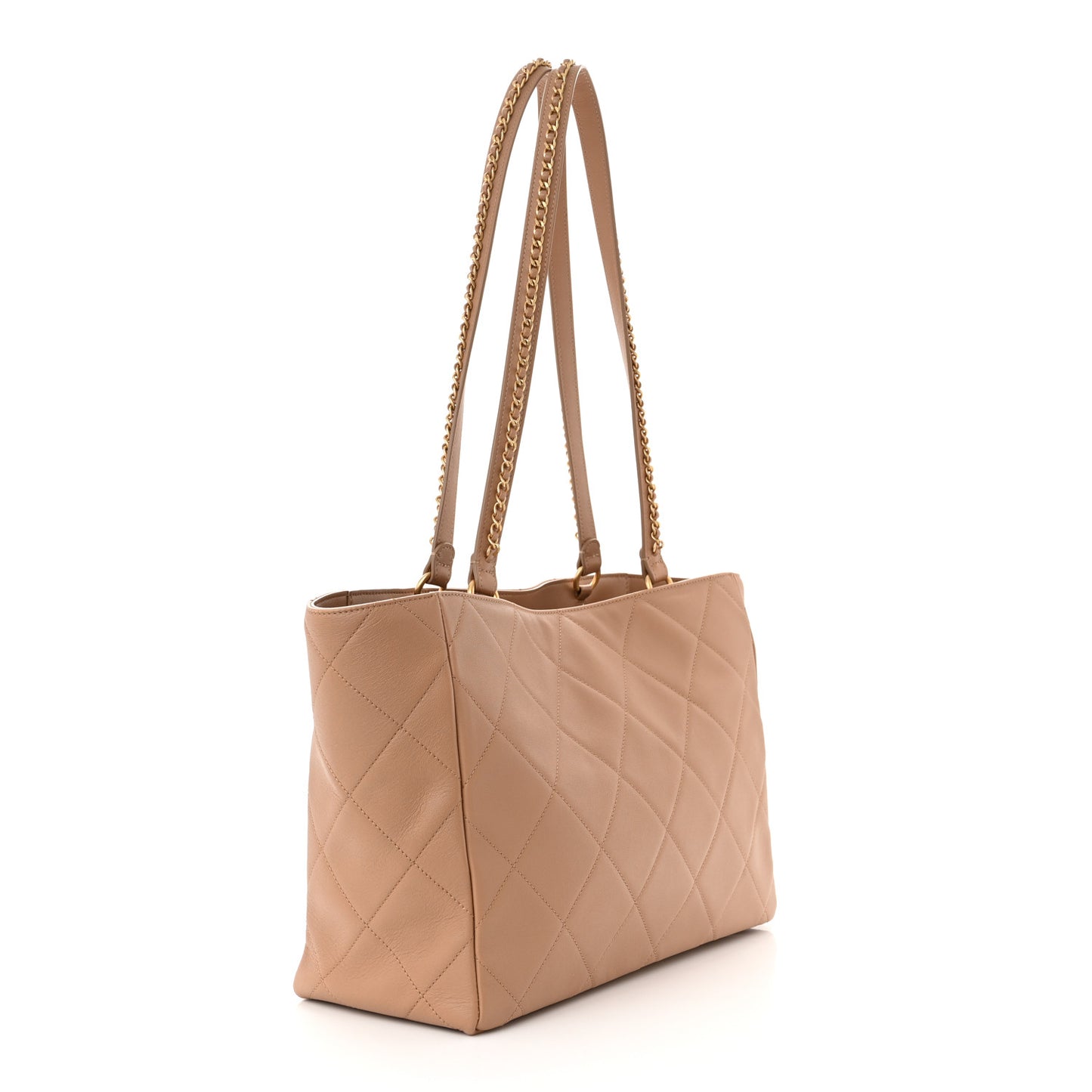 Calfskin Quilted Chain Shopping Tote Beige