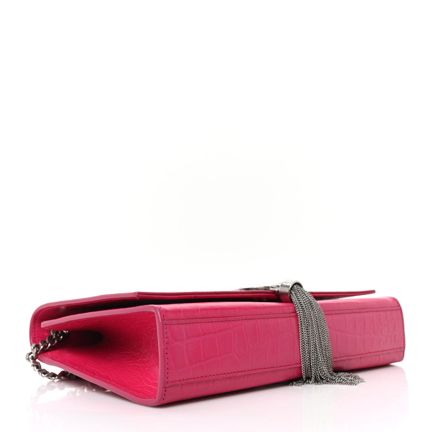Calfskin Crocodile Embossed Medium Classic Monogram Kate Tassel Satchel Fuchsia