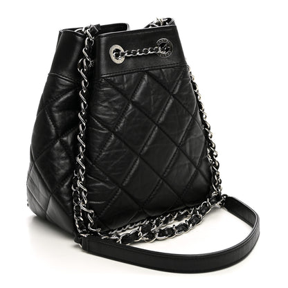 Chanel Crumpled Calfskin Quilted Chain All Over Drawstring Bucket Bag Black 3 of 10