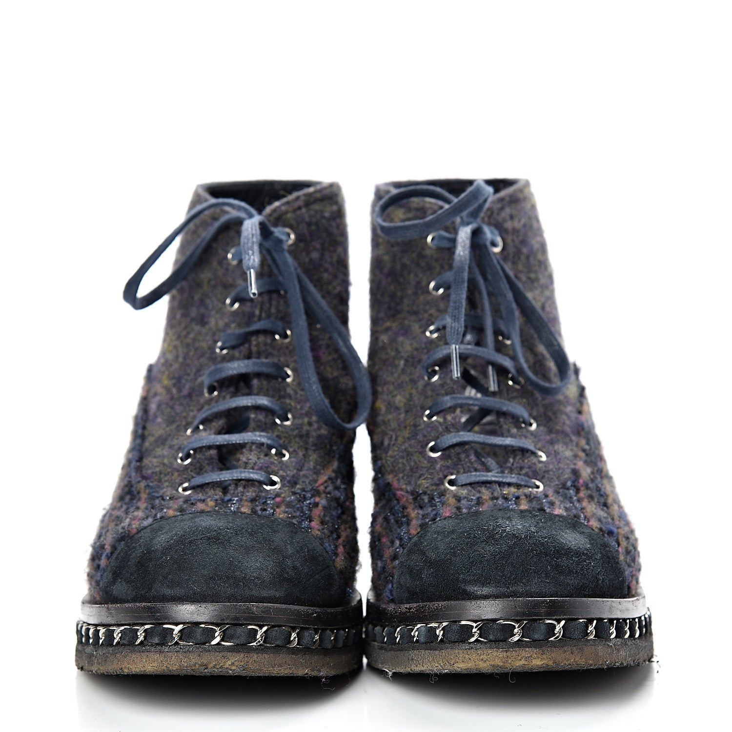 Chanel Wool Calfskin Tweed Lace Up Boots 42 Navy 2 of 12