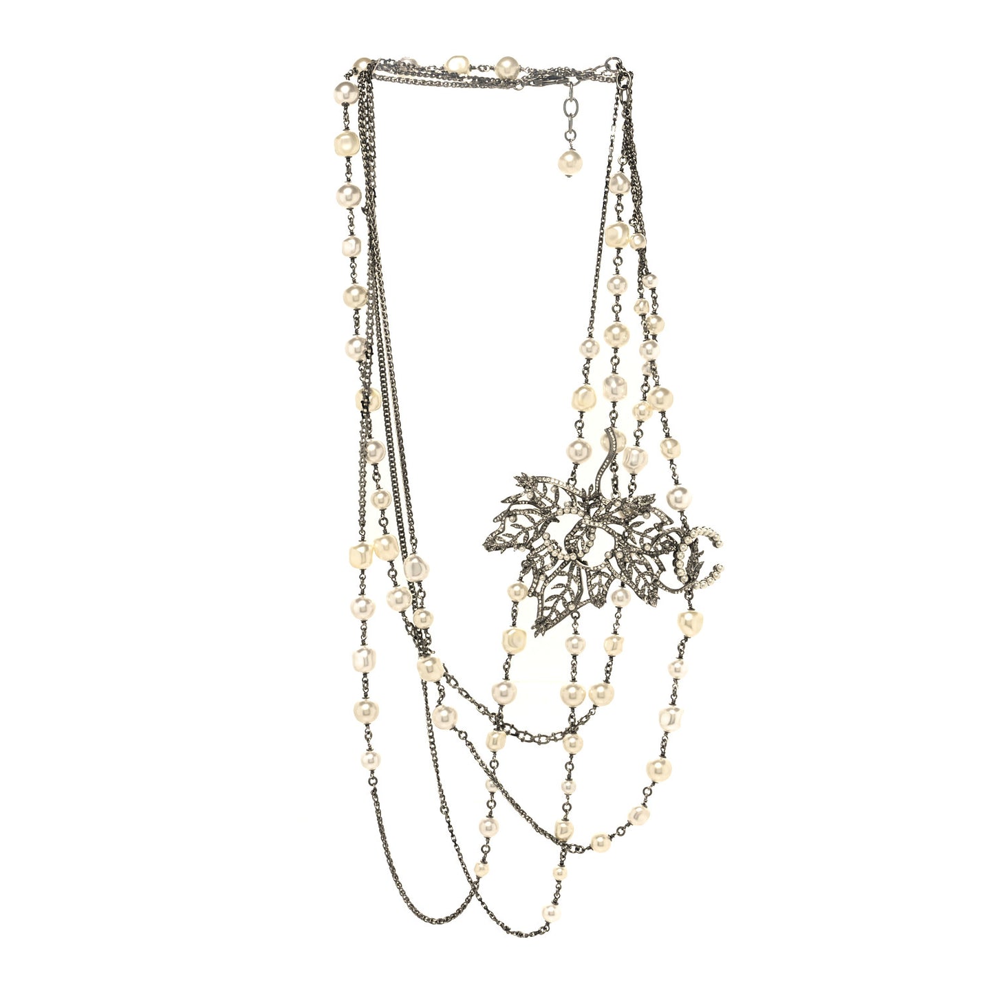 Pearl Crystal CC Leaf Long Necklace Silver