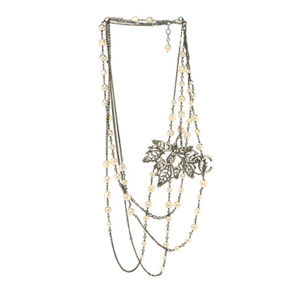 Chanel Pearl Crystal CC Leaf Long Necklace Silver 3 of 6