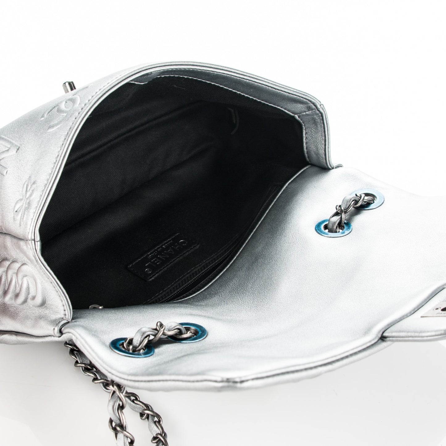 Metallic Lambskin Symbols Medium Single Flap Silver