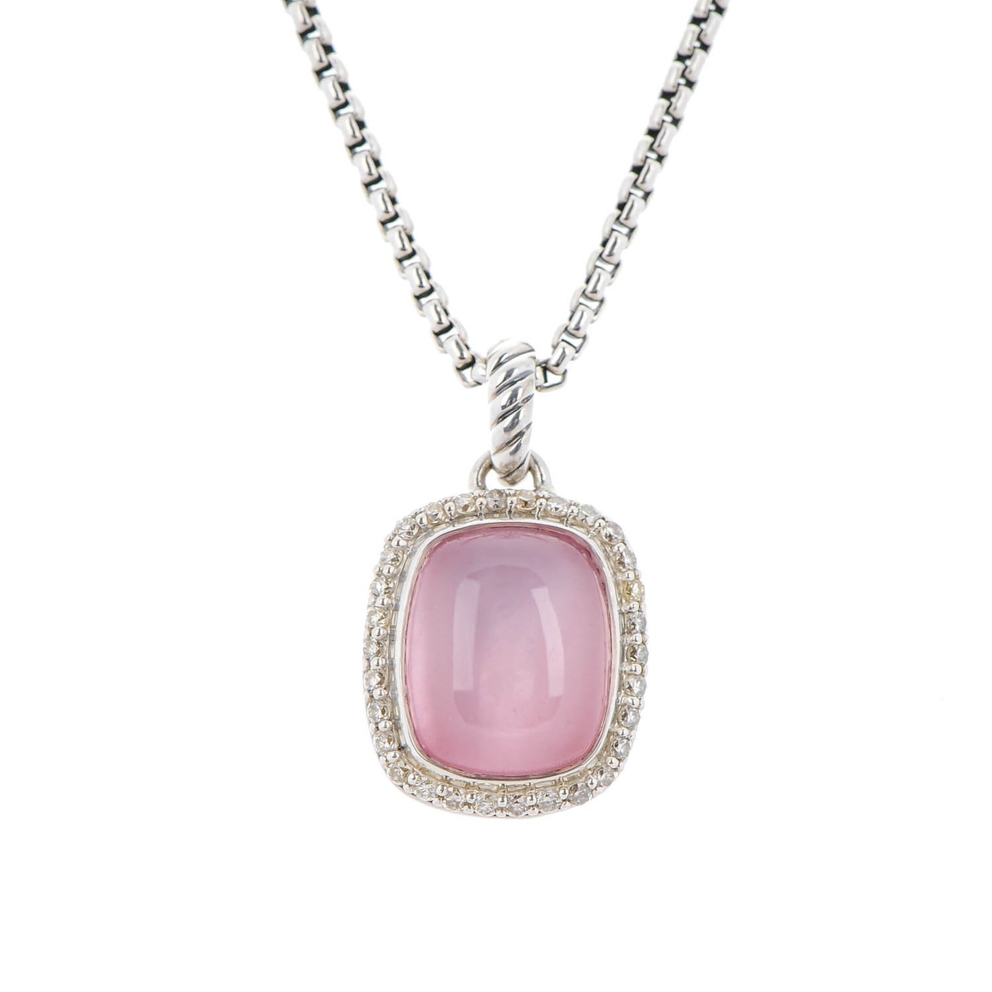 Sterling Silver Pave Diamond Rose Quartz 12mm Noblesse Pendant Necklace