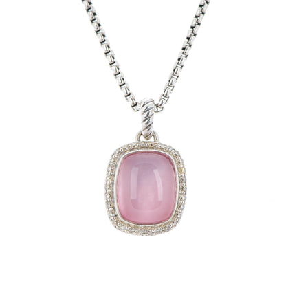David Yurman Sterling Silver Pave Diamond Rose Quartz 12mm Noblesse Pendant Necklace 3 of 6