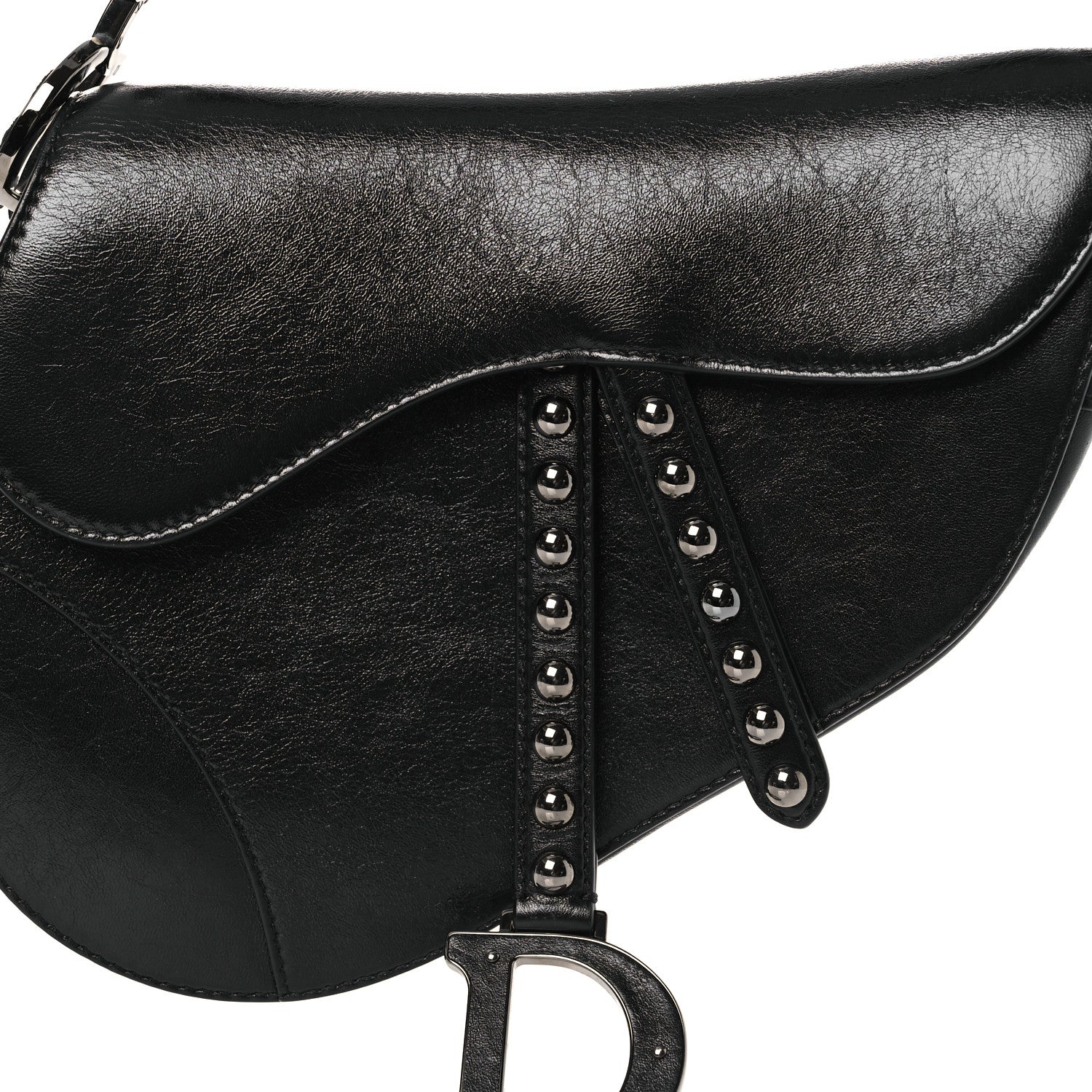 Christian Dior Shiny Crinkled Calfskin Studded Saddle Bag Black 8 of 12