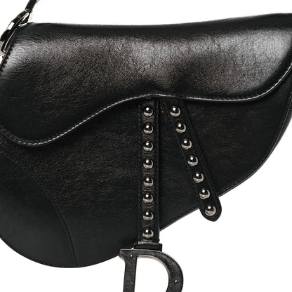 Christian Dior Shiny Crinkled Calfskin Studded Saddle Bag Black 8 of 12