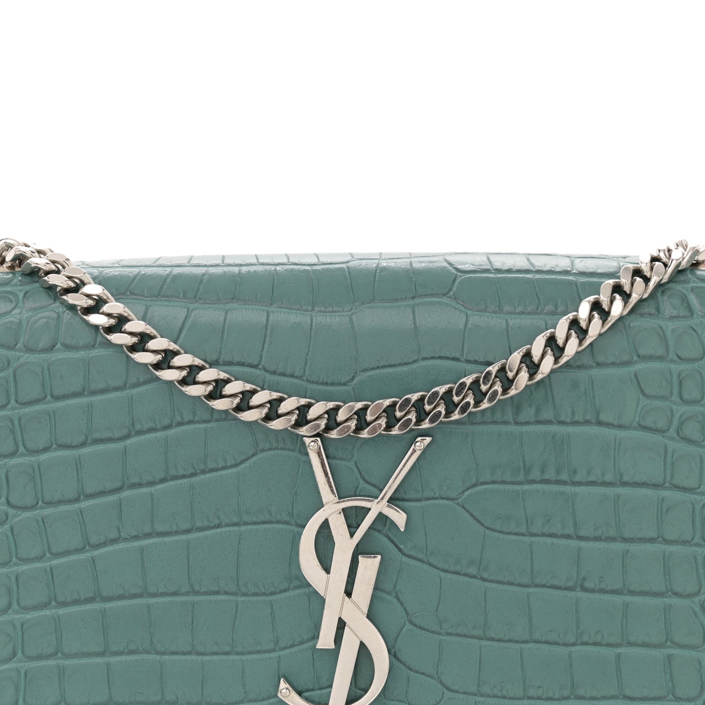 Calfskin Crocodile Embossed Small Classic Monogram Kate Tassel Satchel Water Green