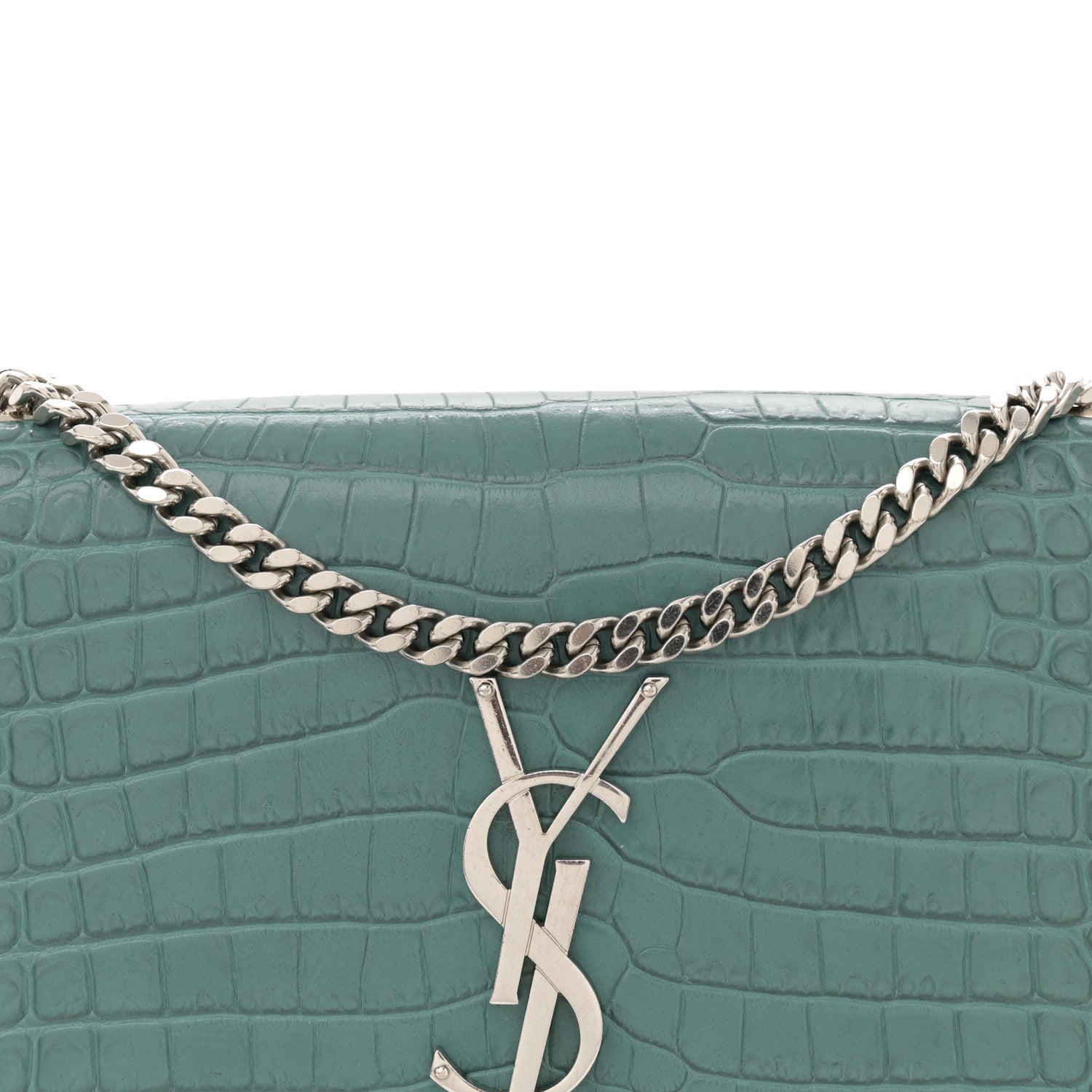 Saint Laurent Calfskin Crocodile Embossed Small Classic Monogram Kate Tassel Satchel Water Green 8 of 12