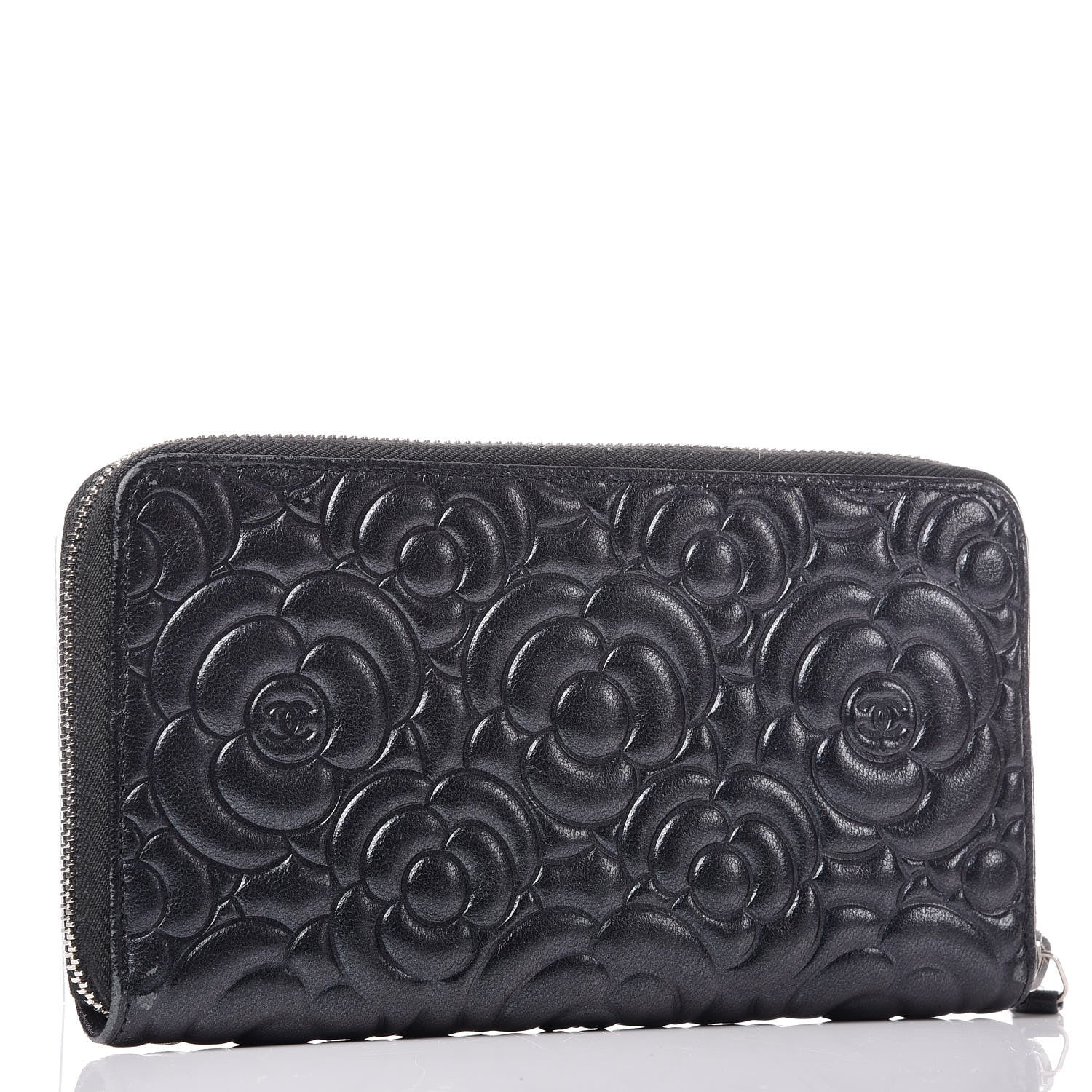 Chanel Lambskin Camellia Embossed Large Zip Around Gusset Wallet Black 3 of 14